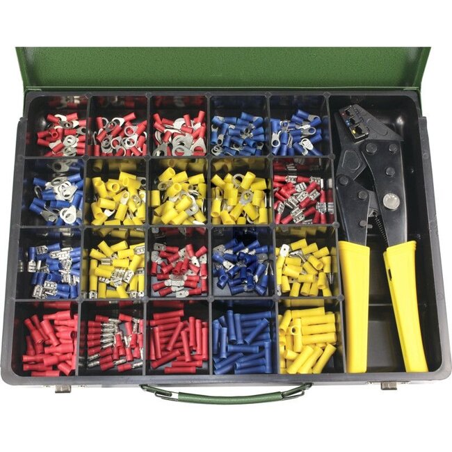 GRANIT Crimp-Set Professional 400-tlg. Set + Crimpzange - 5070010120 | Inhalt: <b> Kabelschuh Ringform teilisoliert (180 Stk.) </b> <br>20x rot; für Leiterquerschnitt 0,5 - 1,5 mm², Ösenloch 5,3 mm <br>20x rot; für Leiterquerschnitt 0,5 - 1,5 mm², Ösenloch 6,5 m