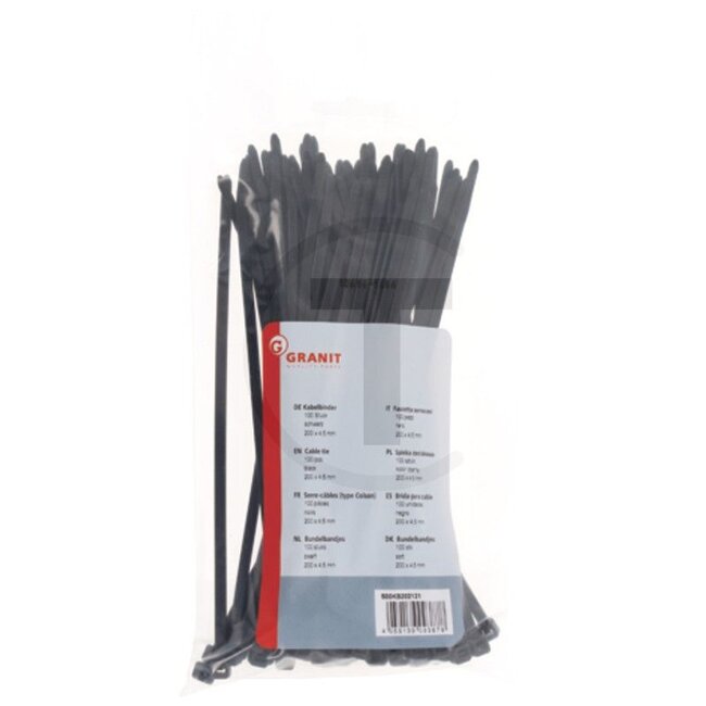 GRANIT Bundelbandjes trekbandjes Tyraps, 100 stuks - 500KB202121 | Lengte: 203 mm | Breedte: 4,6 mm | Kleur: zwart | VPE: 100 | Materiaal: Polyamide 6.6, halogeenvrij, siliconenvrij | Positie: 16 | Extra informatie: • Robuust |  • Vlamvertragend, zelfdovend |  •