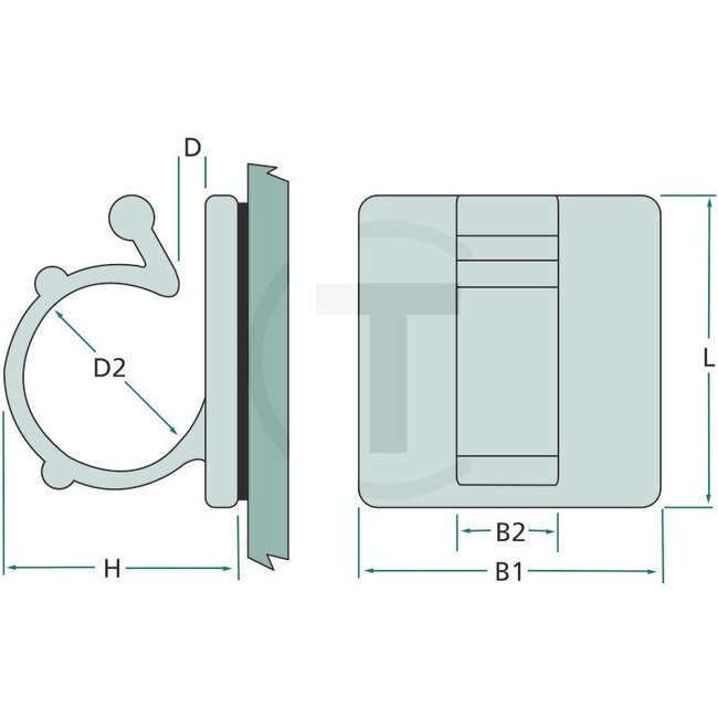 GRANIT Plastic clamp, 50 pcs - 50750265738 | B1: 28,5 mm | H: 22,6 mm | D2: 18 mm | D: 2 mm | L: 28,5 mm | B2: 10 mm | Material: Polyamide 6.6 | Test mark: UL94 V2 | Additional information: • With adhesive foil  | • Adhesive: Synthetic rubber | Mounting type: St