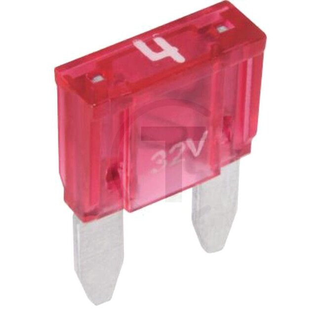 GRANIT Steekzekeringen, Mini 32 volt maximaal / 4 A | roze | VPE 1 - 50750295574066 | Bouwwijze: Mini | Spanning: 32 V | Stroom: 4 A | Kleur: roze | Breedte: 10,9 mm | Hoogte: 16,3 mm | Diepte: 3,8 mm | Inhoud: 5x 4A | Materiaal: verzilverd