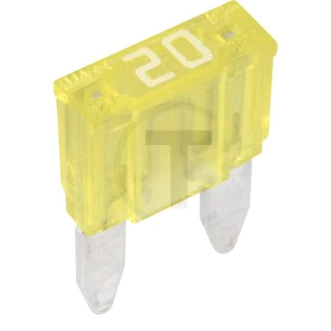 GRANIT Blade fuse, Mini 32 V max. / 20 A | Yellow | Pack of 1 - 50750295579066 | Type: Mini | Voltage: 32 V | Nominal current: 20 A | Colour: Yellow | Width: 10,9 mm | Height: 16,3 mm | Contents: 5x 20A | Material: Silver-plated | Depth: 3,8 mm