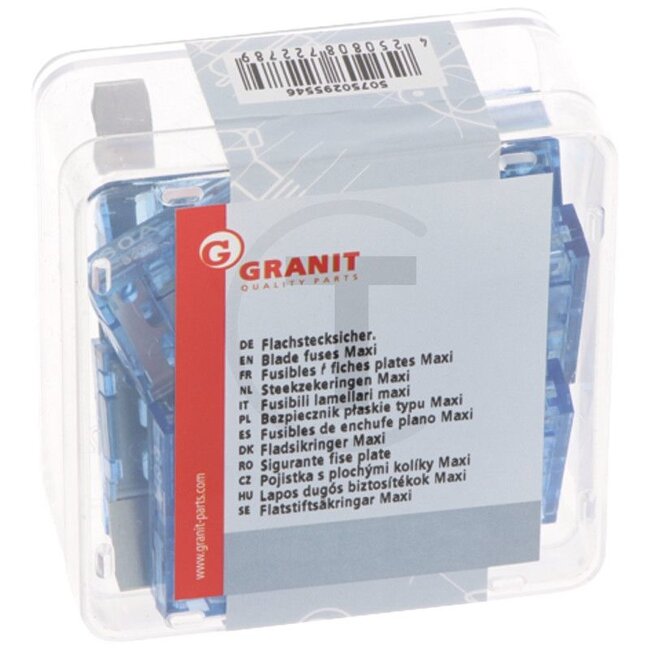 GRANIT Flachstecksicherungen, Maxi 32 V max. / 60 A | blau | VPE 10, 10 Stück - 507502955467916040054 | Bauart: Maxi | Spannung: 32 V | Nennstrom: 60 A | Farbe: blau | DIN/ISO: 72581/3E, SAEJ1888 | Inhalt: 10x 60A