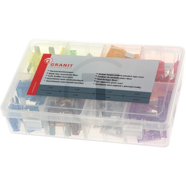GRANIT Steekzekeringen, Maxi 56-delig assortiment - 50099021 | Bouwwijze: Maxi | Inhoud: 56-delig:, 7x 20 A, 7x 30 A, 7x 40 A, 7x 50 A, 7x 60 A, 7x 70 A, 7x 80 A, 7x 100 A | Kleur: diverse