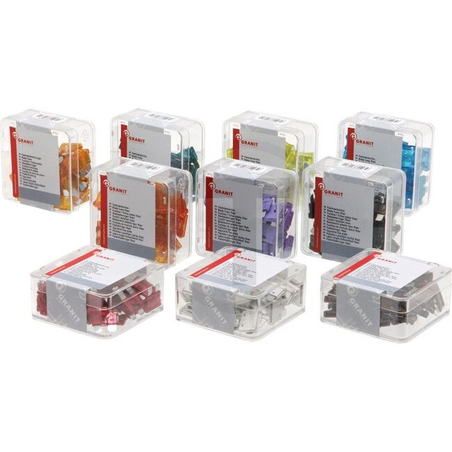 GRANIT Flachstecksicherungen, Standard 500-teilig - 507SET2 | Bauart: Standard | Inhalt: 50x 1A, 50x 3A, 50x 5A, 50x 7,5A, 50x 10A, 50x 15A, 50x 20A, 50x 25A, 50x 30A, 50x 40A | Farbe: diverse | Breite: 19,05 mm | Höhe: 18,54 mm | Tiefe: 5,0 mm | Nennstrom: 1 -