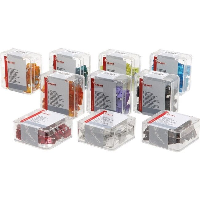 GRANIT Steekzekeringen, standaard 500-delig assortiment - 507SET2 | Bouwwijze: standaard | Inhoud: 50x 1 A, 50x 3 A, 50x 5 A, 50x 7,5 A, 50x 10 A, 50x 15 A, 50x 20 A, 50x 25 A, 50x 30 A, 50x 40 A | Kleur: diverse | Breedte: 19,05 mm | Hoogte: 18,54 mm | Diepte: