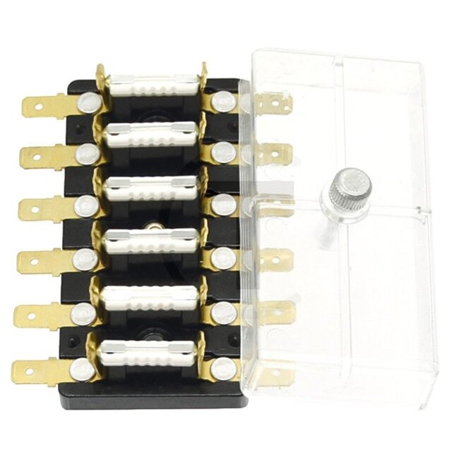 HELLA Fuse box 6-pin - 4558JD 002291141, 8JD002291141 | Version: Flat plug connector at the side, transparent cover | Menke no.: 68734