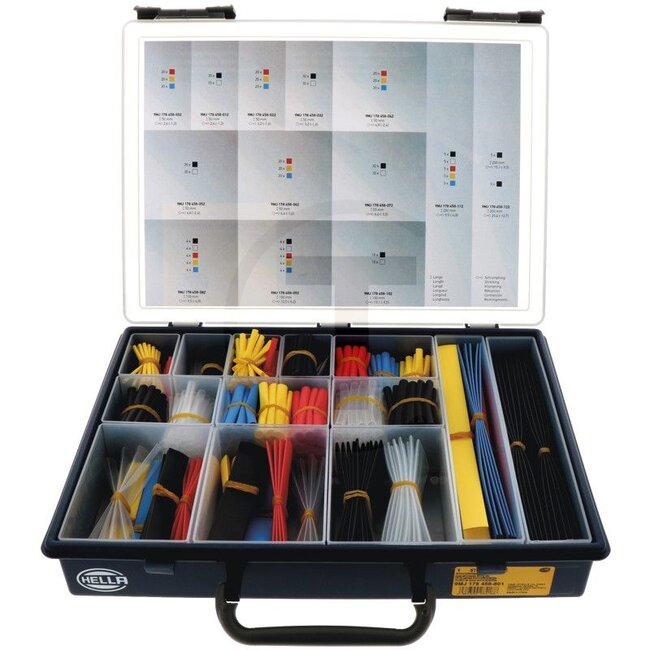 HELLA Assorted shrink tubing Consisting of various shrink tubings  shrink ratio 2:1, application temperature -55 to +125°C flame retardant and self-extinguishing, UL224 shrink temperature min. 120°C - 4559MJ 178458801, 9MJ178458801 | Contents: 575 pcs.