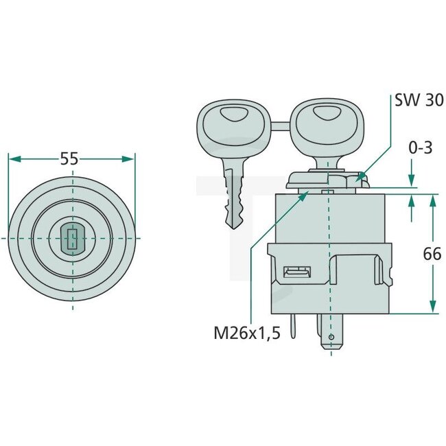 GRANIT Gloei-startschakelaar 12 volt / 24 volt - 50770596034, 1532371C2, 135700580118, 20500103, 205 001 03, 1337005801381 | Uitvoering: met 2 beklede veiligheidssleutels, gemaakt van nikkelzilver voor centrale vergrendelingen | waterdicht DIN 400 50, IP64  | Be