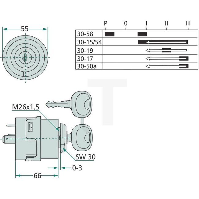 GRANIT Gloei-startschakelaar 12 V / 24 V, Ø 26,5 mm, slot 14603-2 sleutels | 1987424C1, A187614, P2741618, P2741648, 20501001