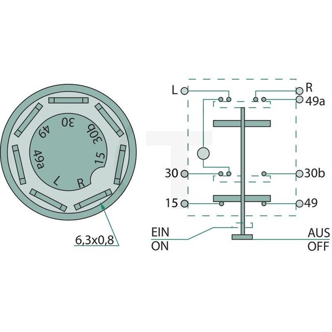 Drukknopschakelaar Stop - 50770490182, 04120766, 11100320XX | Uitvoering: 12 / 24 volt, Knop: rood, met vergrendeling, Ø: 30 mm, 7 vlakstekkers 6,3 x 0,8 (L- R- 30- 30b- 49a- 15- 49), Bescherming tegen stof en spatwater