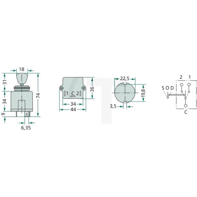 Cobo Indicator switch - 22715111000, 7700008526, 1021517, RT7700008526, 5112714, 4998110 | Version: Functions: centre position off, indicator left and right. Power rating: 12 V = 8.5 A 24 V = 5 A