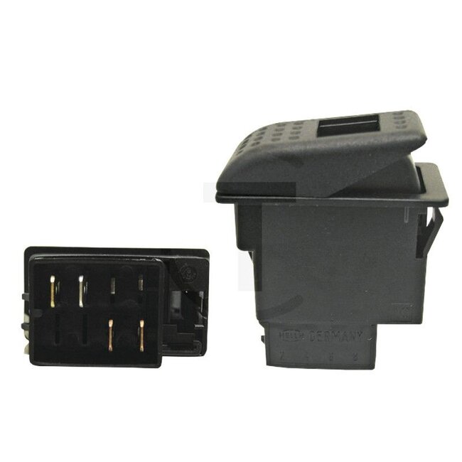 HELLA Rocker switch (Combination switch) locking - 4556RH 007832551, 00026727, 50041894, 410026727, 6RH007832-551, 6RH 007 832-551, 245911C1, 3223052R2, 0029732604 | Version: On/off switch, Black lever, made of resilient plastic with 4 blade terminal connection
