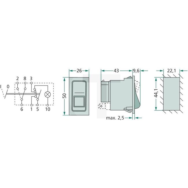 HELLA Wippschalter Warnleuchten rastend, 7 Anschlüsse 6,3 mm | 245908C1, 1955156C1, 3221208R1, 6HH004570-451