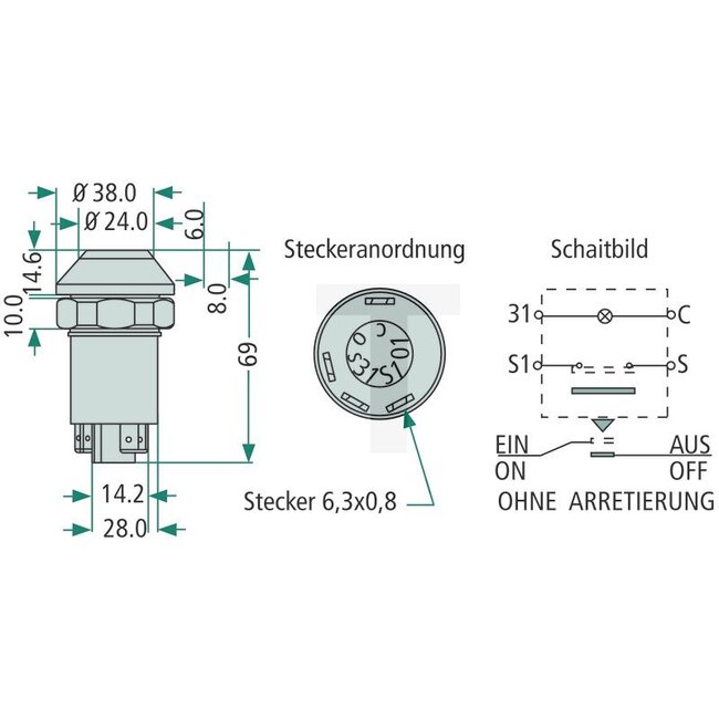 GRANIT Push button switch Starting aid - 50704020, 2.7659.250.0/10, 11210520XX | Version: 12/24 V, Orange button | without lock, Ø 30 mm, 4 connections 6.3 x 0.8 (31- S1- C- S), dustproof and splashproof, With glass socket bulb 12 V / 1.2 W
