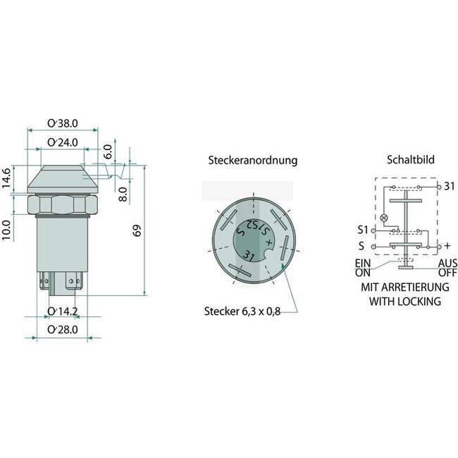 GRANIT Druckknopfschalter Begrenzungs / Parklicht - 50770490181, 01177164, X830240358000, 44550, 11130800XX, X830240362000 | Ausführung: 12 / 24 Volt, Knopf gelb, mit Arretierung, Ø 30 mm, 4 Flachsteckanschlüsse 6,3 x 0,8 (31- S1- S- +), Staub- und Spritzwassers