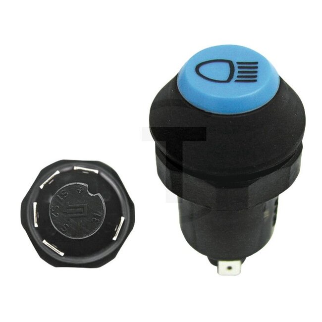 GRANIT Push button switch Full beam - 50770490174, 01177162, 11120140XX, 44552 | Version: 12/24 V, Blue button, with lock, Ø 30 mm, 5 blade terminals 6.3 x 0.8 (31- S1- S2- S- +), Dustproof and splashproof, With glass socket bulb 12 V / 1.2 W | To operate: Full