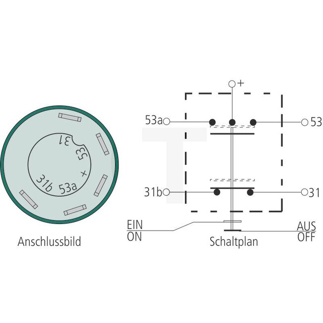 GRANIT Drukknopschakelaar Ruitenwisser - 50770490176, 01177149, 01177161, 44562, 11140120XX, 01177150, X830240094000 | Uitvoering: 12 / 24 volt, Knop geel, met vergrendeling, Ø: 30 mm, 5 vlakstekkers 6,3 x 0,8 (+- 53a- 53- 31b- 31), Bescherming tegen stof en spa