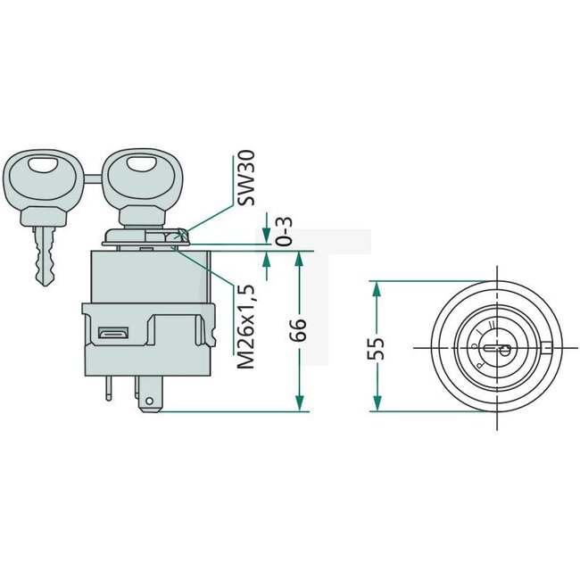 GRANIT Ignition start switch With 2 keys - 507328262, 01179002, 20500901, 205 009 01, 1532372C1, 3405762R1, B2741647, M2741611, P2741611, P2741647 | Version: Operating voltage: 12 V/24 V, 7 blade terminals (6.3 x 0.8 / 9.5 x 1.2 mm), Locking cylinder with water