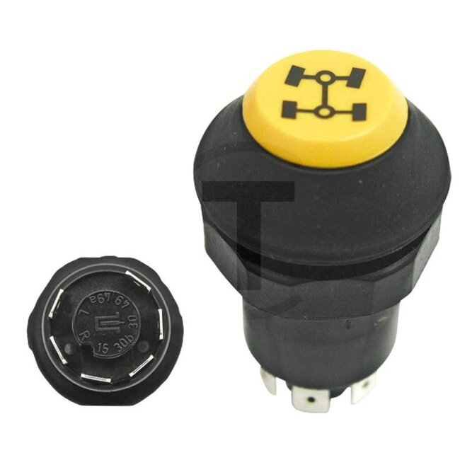 GRANIT Push button switch Four-wheel drive - 50718007, G117902020050, 11175080XX | Version: 12/24 V, Yellow button, with lock, Ø 30 mm, 6 blade terminals 6.3 x 0.8 (L- R- 30- 30b- 15- 49), dustproof and splashproof, With glass socket bulb 12 V / 1.2 W, Power rat