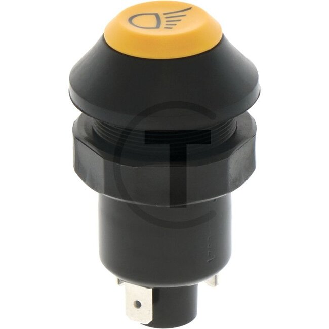 GRANIT Push button switch Work light - 50799055, G210902111010, 11110430XX | Version: 12/24 V, Yellow button, with lock, Ø 30 mm, 4 blade terminals 6.3 x 0.8 (31- S1- S- C), Dustproof and splashproof, With glass socket bulb 12 V / 1.2 W | To operate: Work light