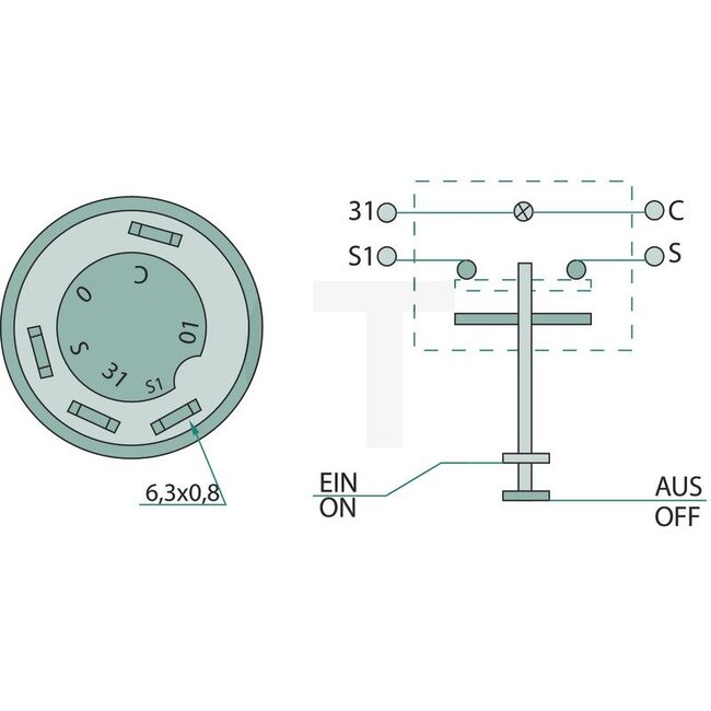 GRANIT Druckknopfschalter Arbeitsscheinwerfer vorne - 50799054, G117900111010, 11110420XX | Ausführung: 12 / 24 Volt, Knopf gelb, mit Arretierung, Ø 30 mm, 4 Flachsteckanschlüsse 6,3 x 0,8 (31- S1- S- +), Staub- und Spritzwasserschutz, mit Glassockellampe 12 V /