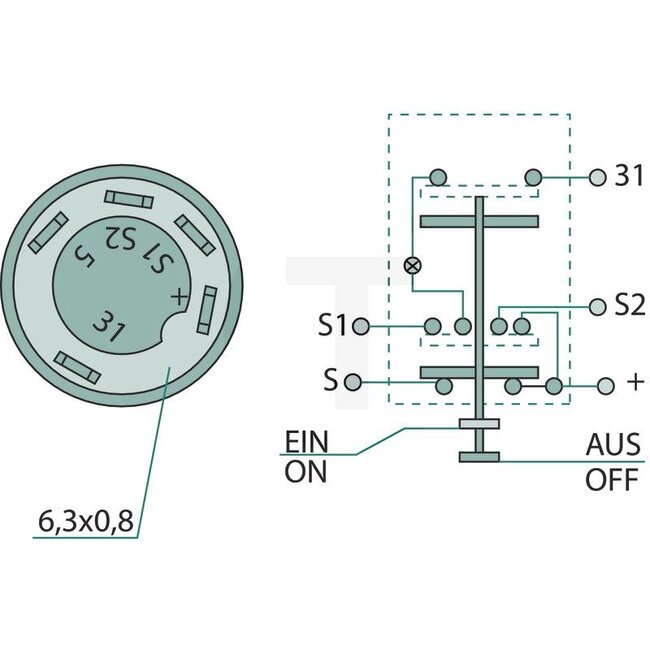 GRANIT Push button switch Headlight - 50711120130XX, X830240098000 | Version: 12/24 V, Yellow button, with lock, Ø 30 mm, 5 blade terminals 6.3 x 0.8 (31- S1- S2- S- +), Dustproof and splashproof, With glass socket bulb 12 V / 1.2 W
