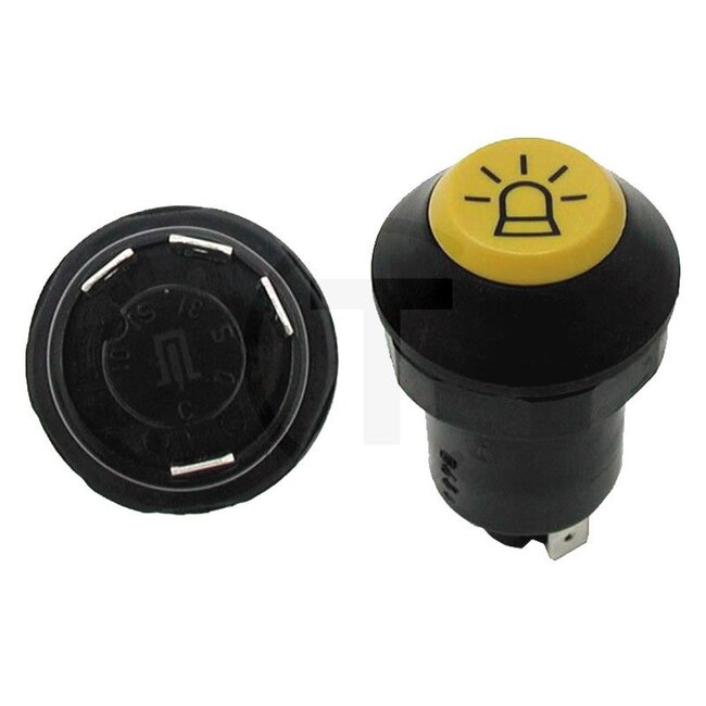 GRANIT Push button switch Rotating beacon - 50770490183, X830240082000, 11110100XX | Version: 12/24 V, Yellow button, with lock, Ø 30 mm, 4 blade terminals 6.3 x 0.8 (31- S1- S- C), Dustproof and splashproof, With glass socket bulb 12 V / 1.2 W | To operate: Rot