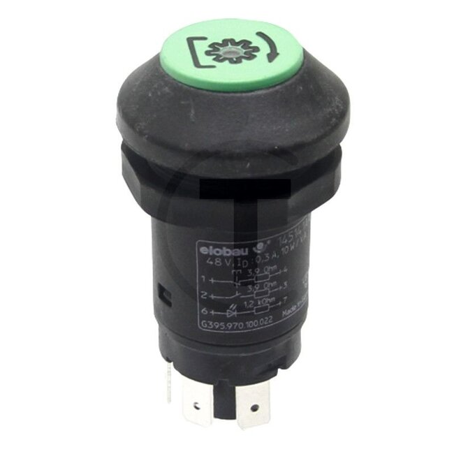 GRANIT Push button switch Rear PTO shaft - 50799056, G395970100022, 11276010XX | Version: 12/24 V, Green button, with lock, Ø 30 mm, 4 blade terminals 6.3 x 0.8 (31- S1- S- C), Dustproof and splashproof, With glass socket bulb 12 V / 1.2 W