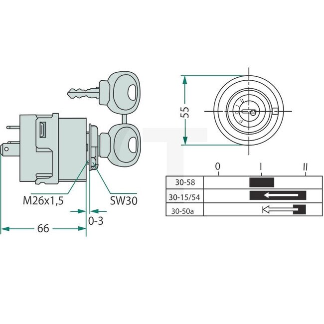 GRANIT Start switch With 2 keys - 507328482, 0009730212, 20500501, 205 005 01, G117902020010 | Version: 12 V/24 V, with 7 blade terminals, contacts 15, 30, 50a, 54, 58, 0: off, 1: consumer, 2: start | Switching stages: 0-1-2 | Plug: 7 | Voltage range: 12-24V V |