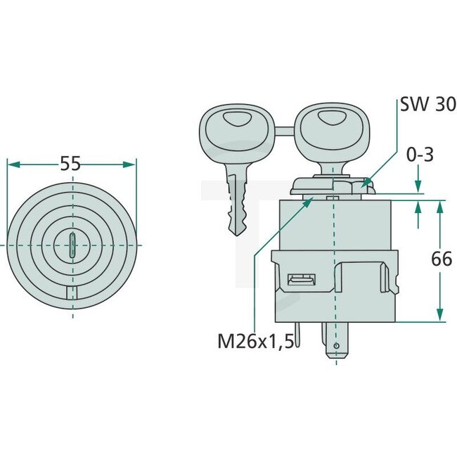 Start switch 12 V/24 V - 50770596036, G210902020040, 20500401, 205 004 01 | Version: With 2 moulded reversible safety keys made of nickel silver, For central locking, waterproof DIN 400 50, IP63, dustproof and waterproof in contact area, switch positions: