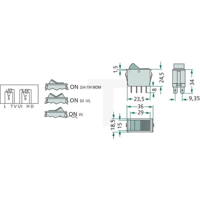 Cobo Tuimelschakelaar voor ruitenwisser en ruitensproeier systeem - 22716160000, 5136383, 5153626, 1023775, 1964539C1 | Uitvoering: 12 volt / 24 volt, Aan-/uitschakelaar, 7 vlakstekkeraansluitingen, Inbouwmaat: 15 mm breed, 29 mm lang en 34 mm hoog