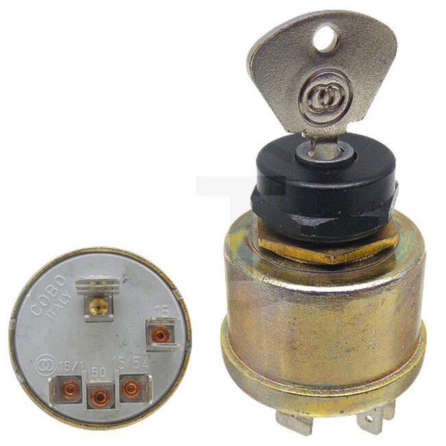 Cobo Start switch With key - 22714132000, 5154401, 1021330 | Version: 12 V, with 5 blade terminals, functions:, Preheat contact start, P: parking light, 0: off, 1: consumer, 2: start, Housing Ø 44 mm