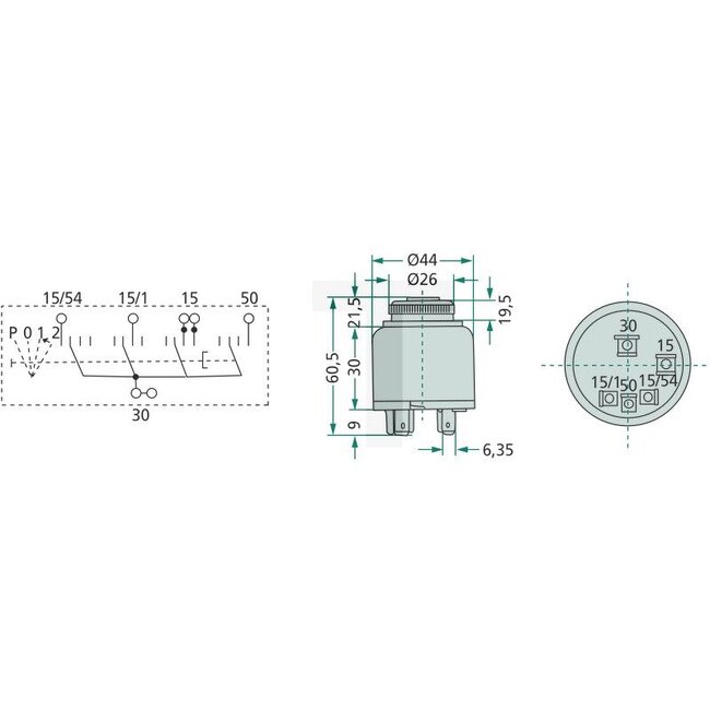 Cobo Glühanlassschalter mit Schlüssel - 22714132000, 5154401, 1021330 | Ausführung: 12 V, mit 5 Flachsteckanschlüsse, Funktionen:, Vorglüh-Kontakt-Start, P = Parklicht, 0 = Aus, 1 = Verbraucher, 2 = Starten, Gehäuse Ø 44 mm