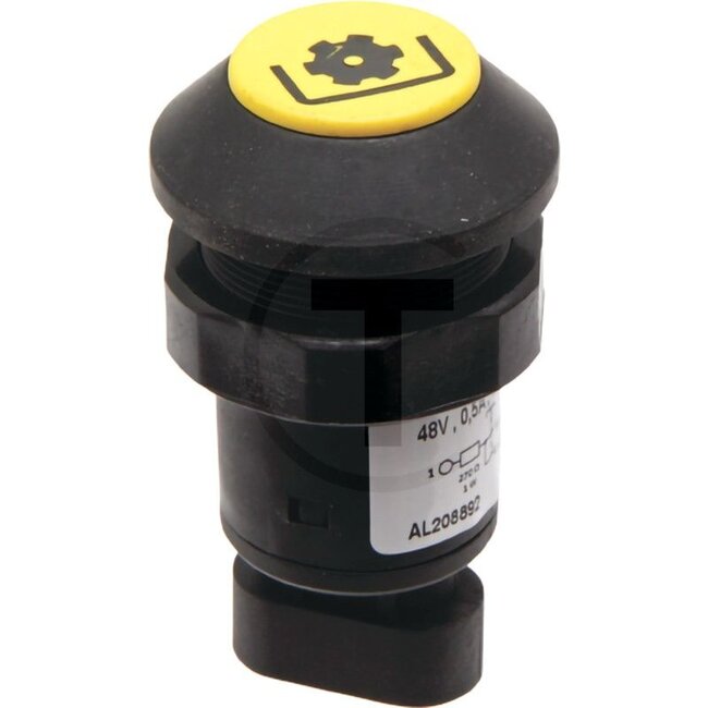 GRANIT Drukknopschakelaar Aftakas - 50712067, AL112561, 11927001, AL208892, 119 27 001 | Uitvoering: 48 volt schakelspanning, Knop geel, Maakcontact, Totale slag van de schakelknop: 5 mm, Ø 30 mm, stekkeraansluiting (AMP Superseal 3 x 1,5), Bescherming tegen sto
