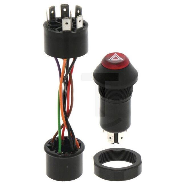 GRANIT Push button switch Hazard warning lights - 50712007, AL32062, 11507110XX | Version: Push button operation, With bulb, red button with warning symbol, Connection cable with 7 blade terminals 6.3 x 0.8 mm, without 30b, Mounting Ø: 30 mm