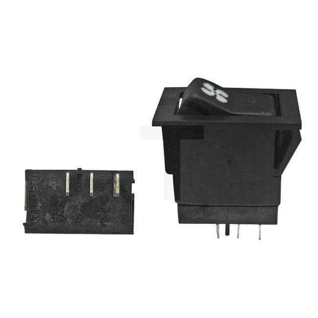Cobo Tuimelschakelaar voor ventilator - 22716259000, RT7700031090, 1023960 | Uitvoering: 12 volt / 24 volt, Functies: 0, 1, 2, 3 vlakstekkeraansluitingen, Belastbaarheid: 12 volt = 10 A, Inbouwmaat: 15 mm breed, 29 mm lang en 34 mm hoog