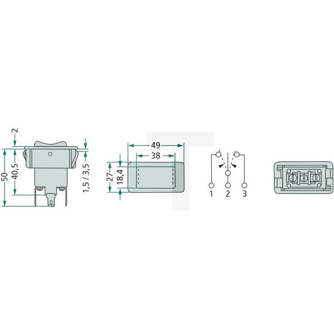Cobo Tuimelschakelaar voor hydrauliek - 2271702660000, AL64190, 1025414 | Uitvoering: 12 volt / 24 volt, Functies: Aan - Uit - Aan, 3 vlakstekkeraansluitingen, Belastbaarheid: 12 volt = 10 A, Inbouwmaat: 15 mm breed, 29 mm lang en 34 mm hoog