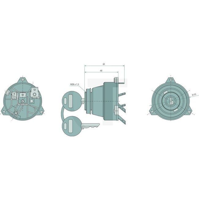 GRANIT Ignition switch With 2 keys - 50770567073, AL19890, Z44576 | Mounting Ø: 26 mm | Fixing: Fastening nut brass | Nominal voltage: 12 V | Switching stages: Parking light <lt>br<gt> Driving <lt>br<gt> Parking light <lt>br<gt> Low beam <lt>br<gt> High beam <lt