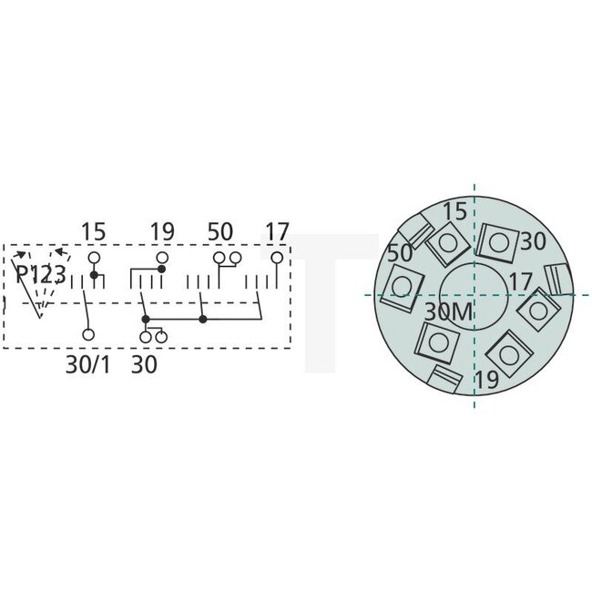Cobo Gloei-startschakelaar met sleutel - 22714115000, 2.7649.510.0, 1021292 | Uitvoering: 12 V, met 6 vlakstekkeraansluitingen, functies:, P = voorgloeien, 0 = uit, 1 = verbruiker, 2 = starten, Behuizing Ø: 40 mm