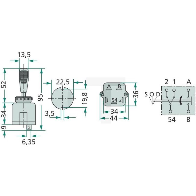 Cobo Indicator switch - 22715104000, 1424108M92, 1424108M91, 1021502 | Version: power rating: 12 V = 8,5 A, 24 V = 5A, functions: centre position off, indicator left and right