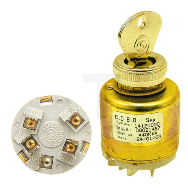 Cobo Start switch With key - 22714120000, 3306963M91, 1021301 | Version: 12 V, with 5 blade terminals, functions:, P: preheat, 0: off, 1: consumer, 2: start, Housing Ø 40 mm