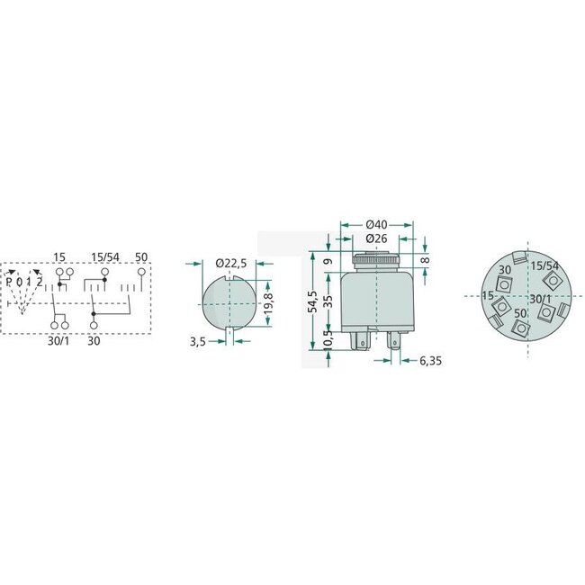 Cobo Glühanlassschalter mit Schlüssel - 22714120000, 3306963M91, 1021301 | Ausführung: 12 V, mit 5 Flachsteckanschlüsse, Funktionen:, P = Vorglühen, 0 = Aus, 1 = Verbraucher, 2 = Starten, Gehäuse Ø 40 mm