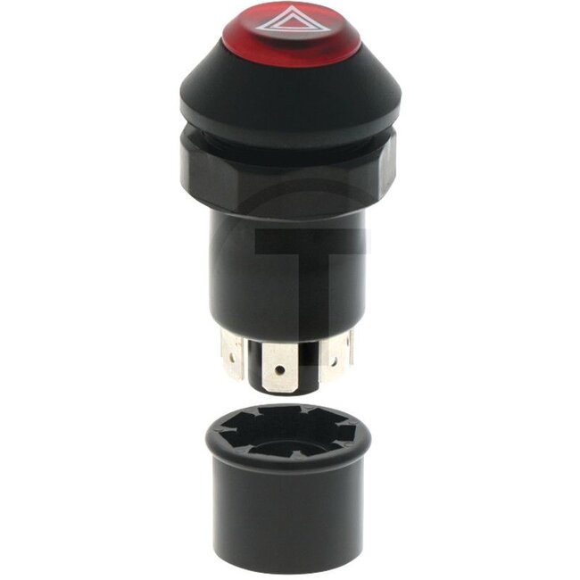 GRANIT Drukknopschakelaar alarmlichten - 50750001, 3300534M91 | Uitvoering: 12 / 24 volt, Knop: rood, met verlichting en vergrendeling, Ø: 30 mm, 7 vlakstekkers 6,3 x 0,8 (L- R- 30- 30b- 49a- 15- 49), Bescherming tegen stof en spatwater, met glassokkellampen 12
