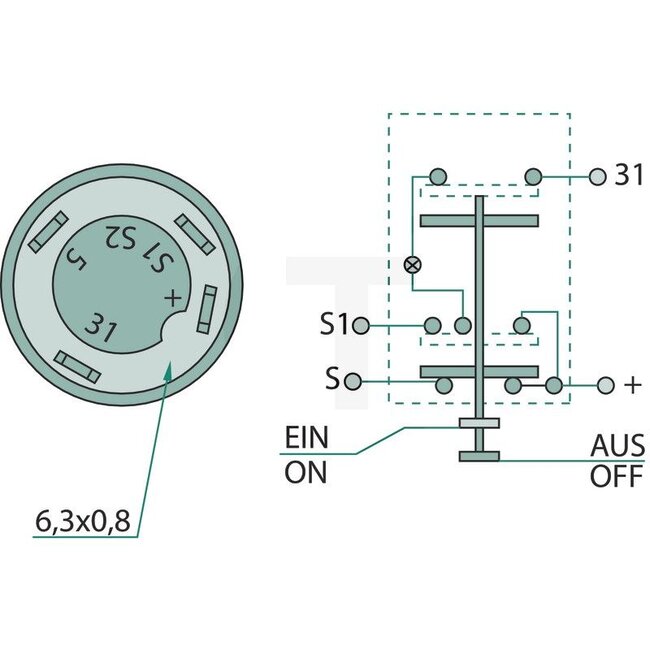 GRANIT Druckknopfschalter Rundumleuchte - 50721002, 11130090XX, 133700580006 | Ausführung: 12 / 24 Volt, Knopf gelb, mit Arretierung, Ø 30 mm, 4 Flachsteckanschlüsse 6,3 x 0,8 (31- S1- S- +), Staub- und Spritzwasserschutz, mit Glassockellampe 12 V / 1,2 W | Betä