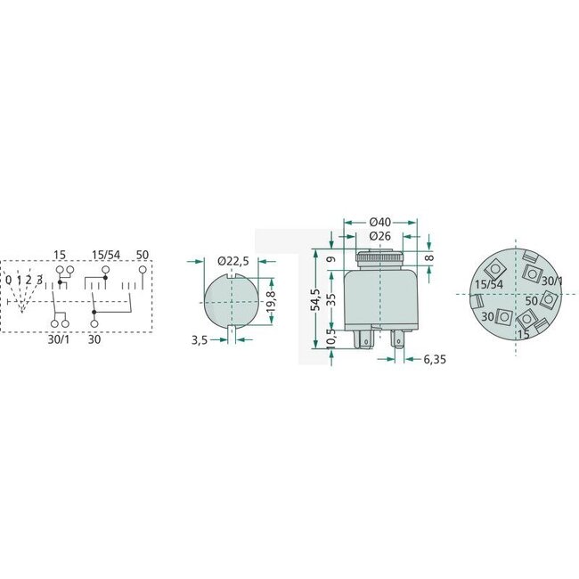 Cobo Glühanlassschalter mit Schlüssel - 22714130000, 1021324 | Ausführung: 12 V, mit 5 Flachsteckanschlüsse, Funktionen:, 0 = Aus, 1 = Verbraucher, 2 = Vorglühen, 3 = Starten, Gehäuse Ø 40 mm