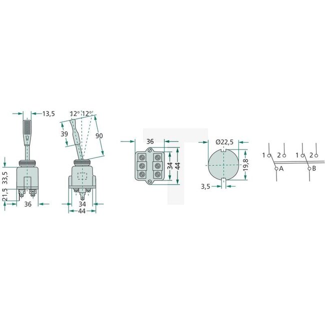 Cobo Kippschalter langer Hebel - 22716191000, 7700025623, 1023883 | Ausführung: 3 Steck-und 3 Schraubanschlüsse, Einbaumaß: 15 mm breit, 29 mm lang und 34 mm hoch mit Flachsteckanschluss