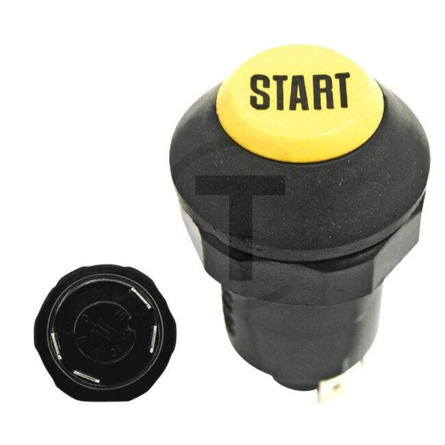 GRANIT Push button switch Engine start - 50718011, 7700011525, 11245030XX | Version: 12/24 V, Yellow button, without lock, Ø 30 mm, 4 blade terminals 6.3 x 0.8 (01 - S - S1 - 0), dustproof and splashproof | To operate: Engine start | Switch button colour: Yellow