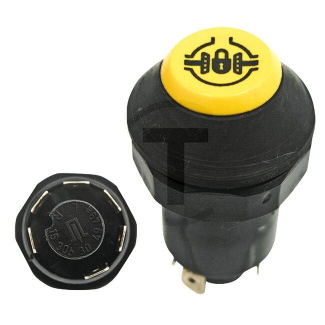 GRANIT Push button switch Differential lock - 50719007, 0.007.5944.0/20, .008.1335.0/10-DEU1, 0.008.1335.0/10-DEU1, 11105120XX, 0.007.5944.0/2 | Version: 12/24 V, Yellow button, with lock, Ø 30 mm, 6 blade terminals 6.3 x 0.8 (15 - 30 - 49a - 49 - L - R), Dustpr