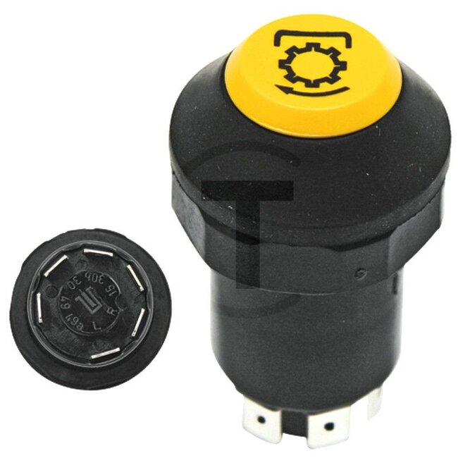 GRANIT Push button switch PTO shaft - 50719008, 2.7659.108.0/10, 11175190XX | Version: 12/24 V  | Yellow button | with lock  | Ø 30 mm, 6 blade terminals 6.3 x 0.8 (L-R-30-30b-15-49)  | Glass socket bulb 12 V / 1.2 W