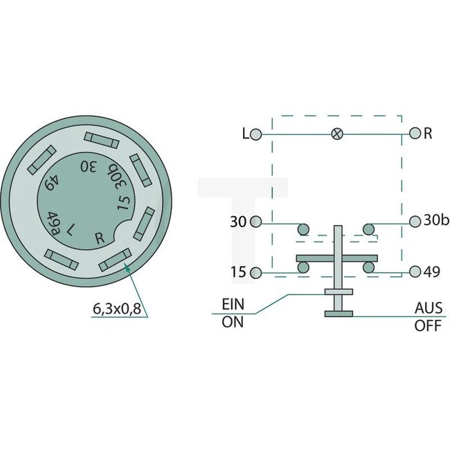 GRANIT Push button switch PTO shaft - 50719008, 2.7659.108.0/10, 11175190XX | Version: 12/24 V  | Yellow button | with lock  | Ø 30 mm, 6 blade terminals 6.3 x 0.8 (L-R-30-30b-15-49)  | Glass socket bulb 12 V / 1.2 W